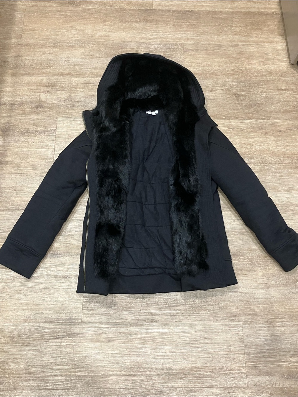 Helmut Lang Women's Black Hooded Coat with Rabbit Fur Trim Lining Petite
